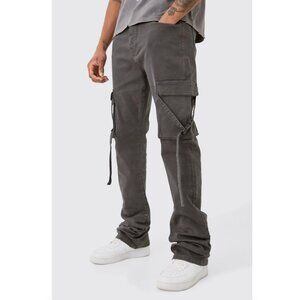 BOOHOO Tall Fixed Waist Slim Stacked Flare Strap Cargo Trouser Size 36 NWT